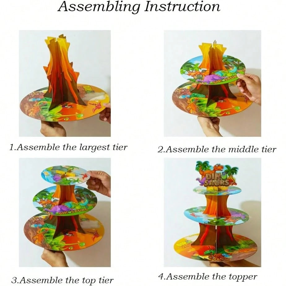 Dinosaur Theme 3-Tier Paper Cake Stand, Children's Birthday Party Cupcake Dessert Display Rack, Baby First Birthday Party Hundred Days Celebration Mother & Baby Party Tabletop Decoration