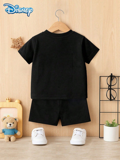 Disney 2pcs Summer Baby Boys Newborn Big Head Print Cute Short Sleeve T-Shirt And Shorts Set, Solid Color Cartoon Pattern, Stretchy, Suitable For Newborn Infants Daily Wear, Great Gift