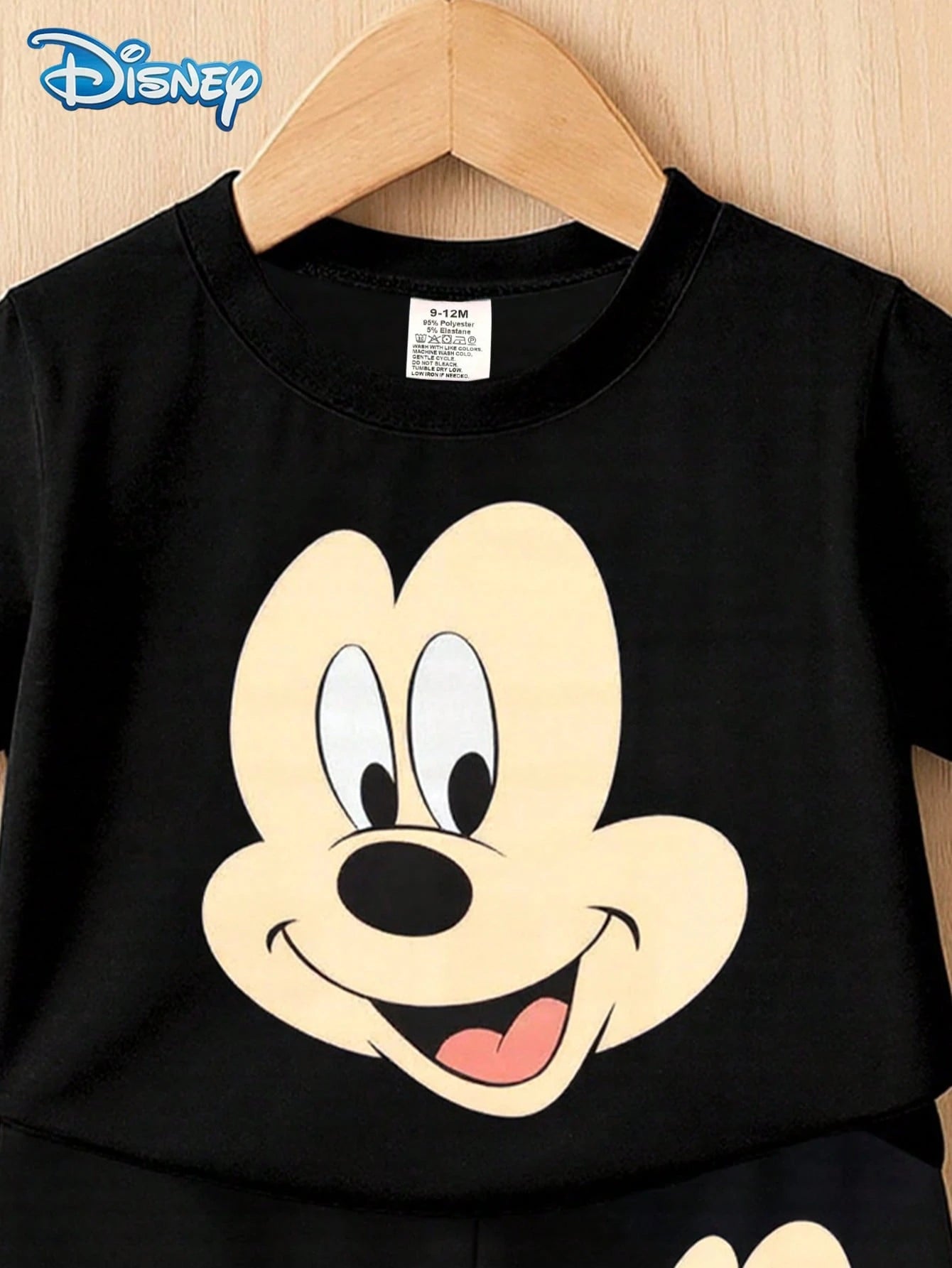 Disney 2pcs Summer Baby Boys Newborn Big Head Print Cute Short Sleeve T-Shirt And Shorts Set, Solid Color Cartoon Pattern, Stretchy, Suitable For Newborn Infants Daily Wear, Great Gift