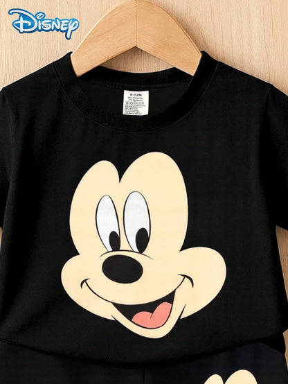Disney 2pcs Summer Baby Boys Newborn Big Head Print Cute Short Sleeve T-Shirt And Shorts Set, Solid Color Cartoon Pattern, Stretchy, Suitable For Newborn Infants Daily Wear, Great Gift