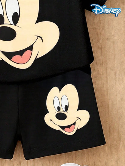 Disney 2pcs Summer Baby Boys Newborn Big Head Print Cute Short Sleeve T-Shirt And Shorts Set, Solid Color Cartoon Pattern, Stretchy, Suitable For Newborn Infants Daily Wear, Great Gift