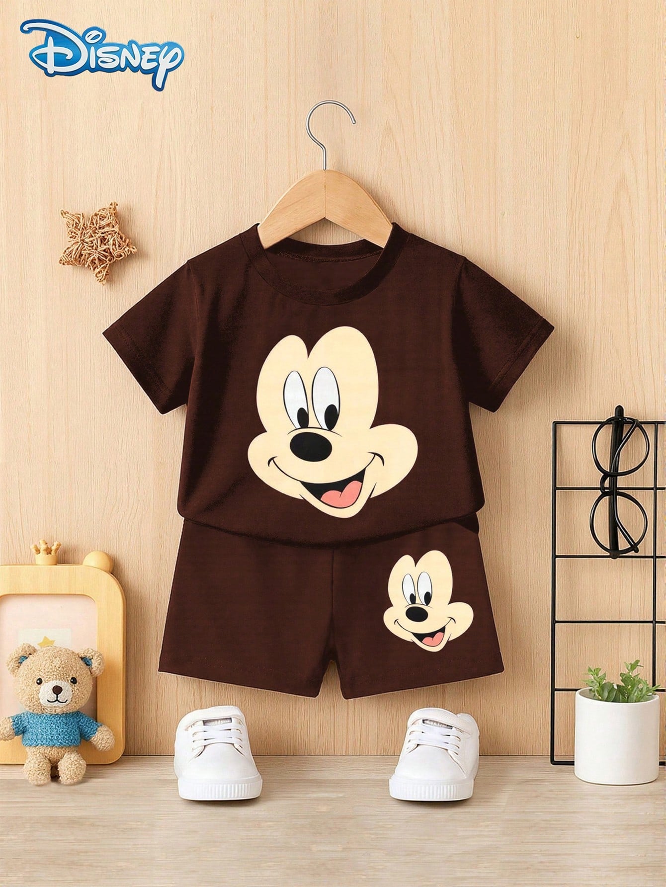 Disney 2pcs Summer Baby Boys Newborn Big Head Print Cute Short Sleeve T-Shirt And Shorts Set, Solid Color Cartoon Pattern, Stretchy, Suitable For Newborn Infants Daily Wear, Great Gift