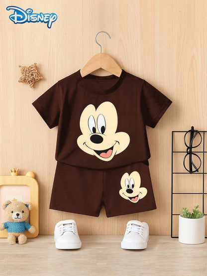 Disney 2pcs Summer Baby Boys Newborn Big Head Print Cute Short Sleeve T-Shirt And Shorts Set, Solid Color Cartoon Pattern, Stretchy, Suitable For Newborn Infants Daily Wear, Great Gift