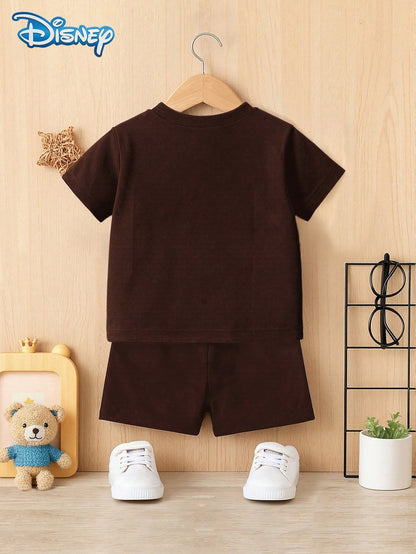 Disney 2pcs Summer Baby Boys Newborn Big Head Print Cute Short Sleeve T-Shirt And Shorts Set, Solid Color Cartoon Pattern, Stretchy, Suitable For Newborn Infants Daily Wear, Great Gift