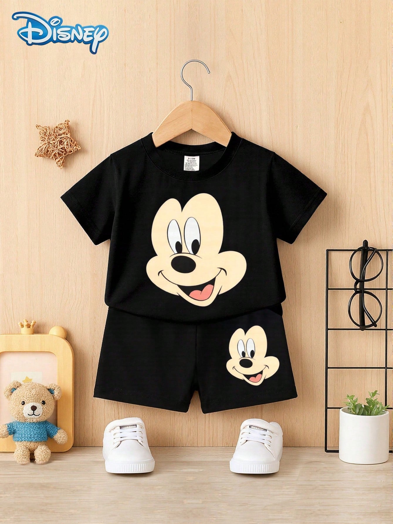 Disney 2pcs Summer Baby Boys Newborn Big Head Print Cute Short Sleeve T-Shirt And Shorts Set, Solid Color Cartoon Pattern, Stretchy, Suitable For Newborn Infants Daily Wear, Great Gift