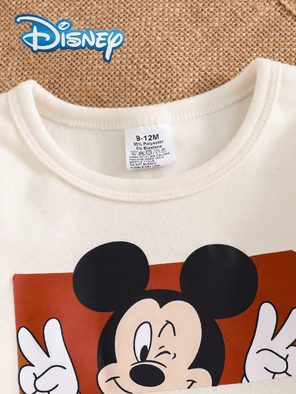 Disney Mickey Mouse 2Pcs Baby Boy Spring/Autumn Long Pants Set, Newborn Infant Cartoon Cute "Mickey Mouse" Print Long Sleeve T-Shirt And Matching Print Straight Leg Long Pants, Toddler Daily Versatile