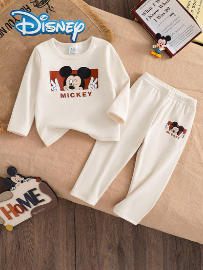 Disney Mickey Mouse 2Pcs Baby Boy Spring/Autumn Long Pants Set, Newborn Infant Cartoon Cute "Mickey Mouse" Print Long Sleeve T-Shirt And Matching Print Straight Leg Long Pants, Toddler Daily Versatile