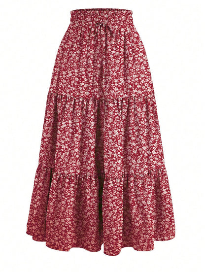 Ditsy Floral Layered Ruffle Elastic Waist Vacation Skirt Spring