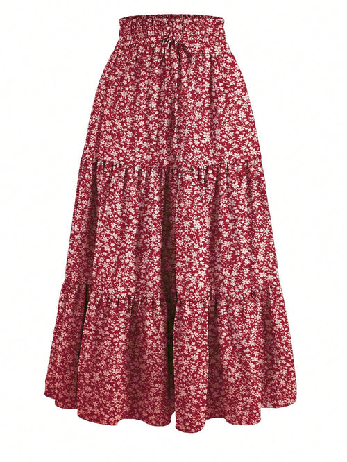 Ditsy Floral Layered Ruffle Elastic Waist Vacation Skirt Spring