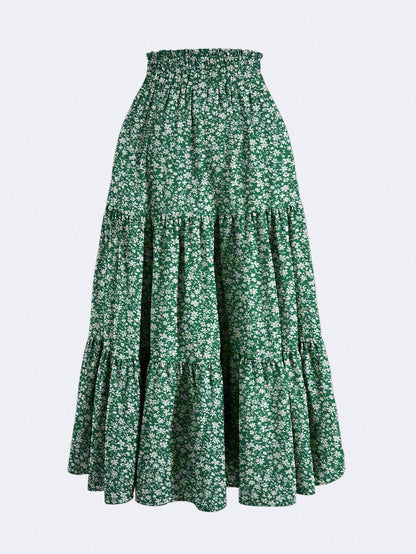 Ditsy Floral Layered Ruffle Elastic Waist Vacation Skirt Spring