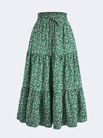 Ditsy Floral Layered Ruffle Elastic Waist Vacation Skirt Spring