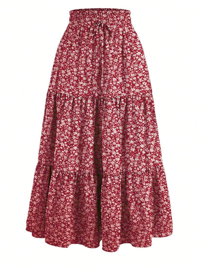 Ditsy Floral Layered Ruffle Elastic Waist Vacation Skirt Spring