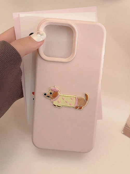 Dog Element Fashion Phone Cases Minimalist Luxury Pink Soft Plush Embroidery GUCADI 1pc Dopamine Color Gentle Korean Style Sausage Dog Pattern Protective Soft Case Compatible With Apple Phones Premium
