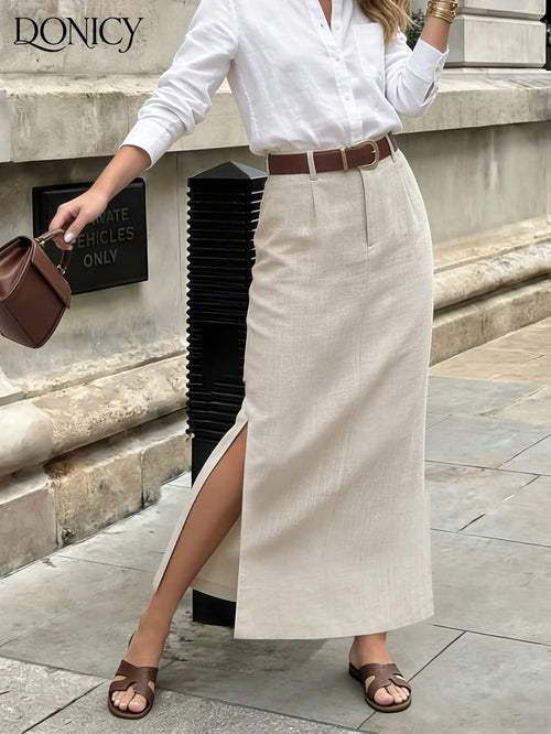 DONICY Women's Beige Linen Mid-Length Skirt With Side Slit, Elegant Texture Suitable For Spring Office Wear And Everyday