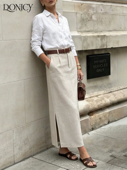 DONICY Women's Beige Linen Mid-Length Skirt With Side Slit, Elegant Texture Suitable For Spring Office Wear And Everyday