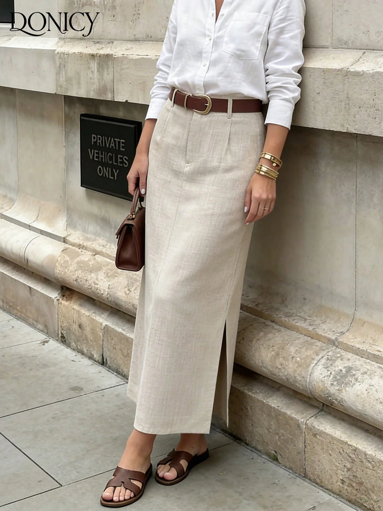 DONICY Women's Beige Linen Mid-Length Skirt With Side Slit, Elegant Texture Suitable For Spring Office Wear And Everyday