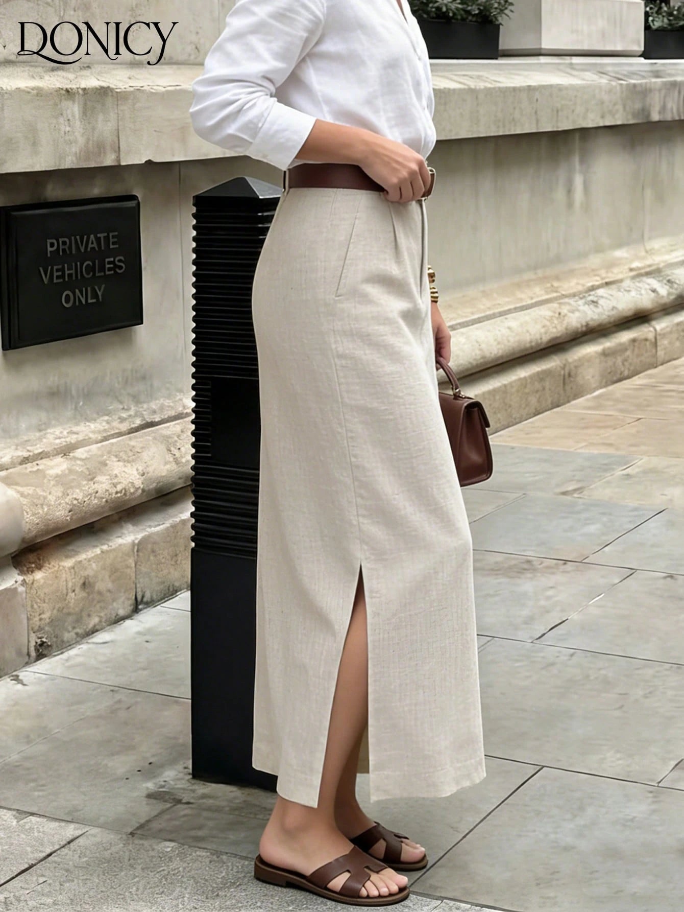 DONICY Women's Beige Linen Mid-Length Skirt With Side Slit, Elegant Texture Suitable For Spring Office Wear And Everyday