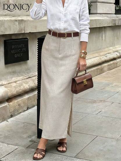 DONICY Women's Beige Linen Mid-Length Skirt With Side Slit, Elegant Texture Suitable For Spring Office Wear And Everyday