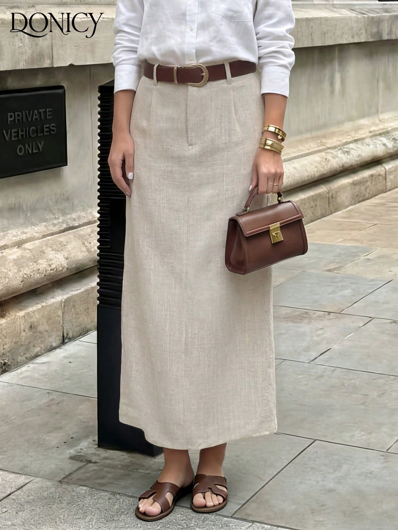 DONICY Women's Beige Linen Mid-Length Skirt With Side Slit, Elegant Texture Suitable For Spring Office Wear And Everyday