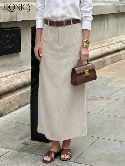 DONICY Women's Beige Linen Mid-Length Skirt With Side Slit, Elegant Texture Suitable For Spring Office Wear And Everyday