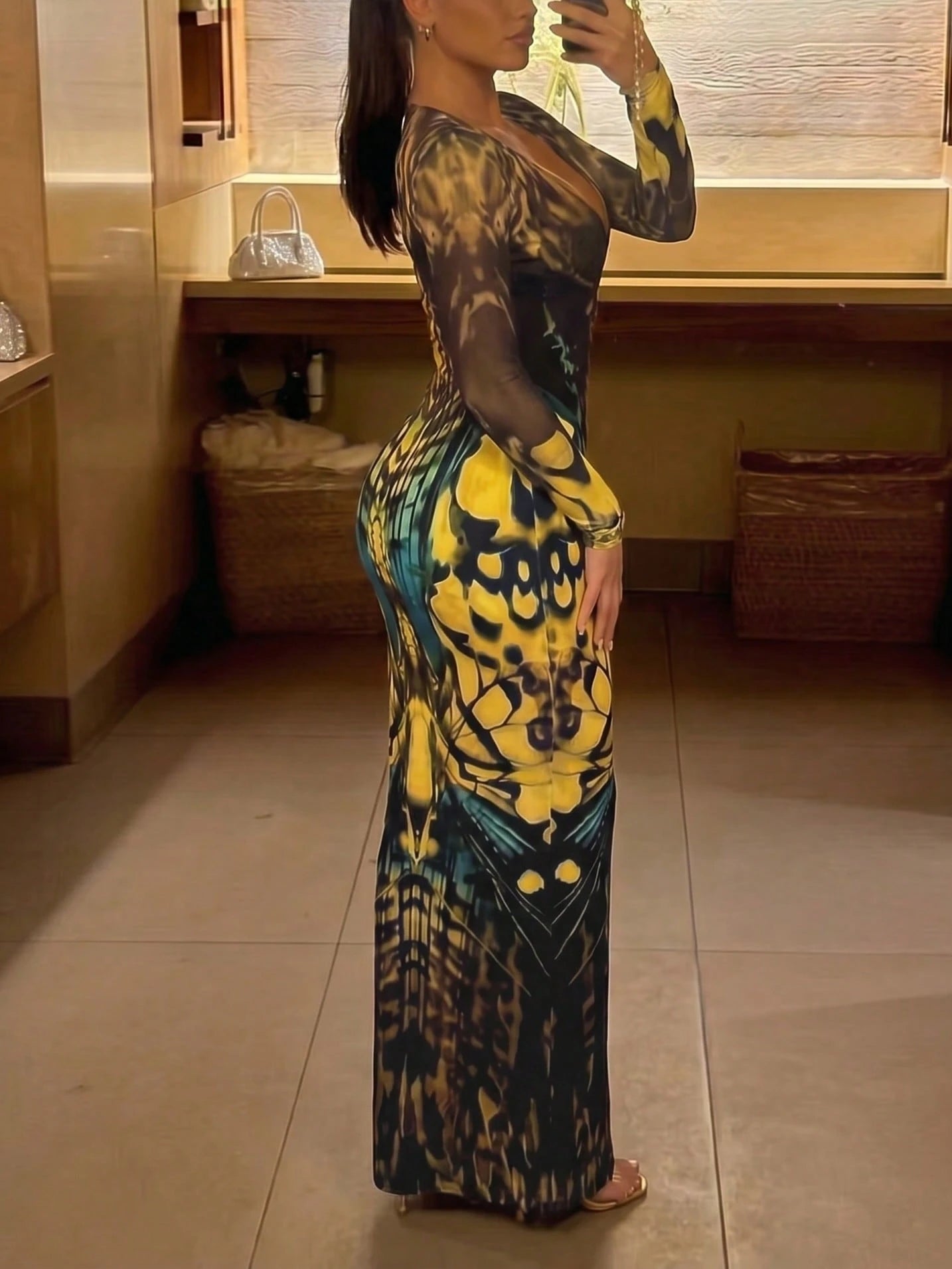 DOUCIU Sheer Mesh Long Sleeve V-Neck Maxi Dress, Sexy Party Nightclub Outfit