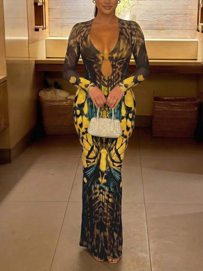 DOUCIU Sheer Mesh Long Sleeve V-Neck Maxi Dress, Sexy Party Nightclub Outfit