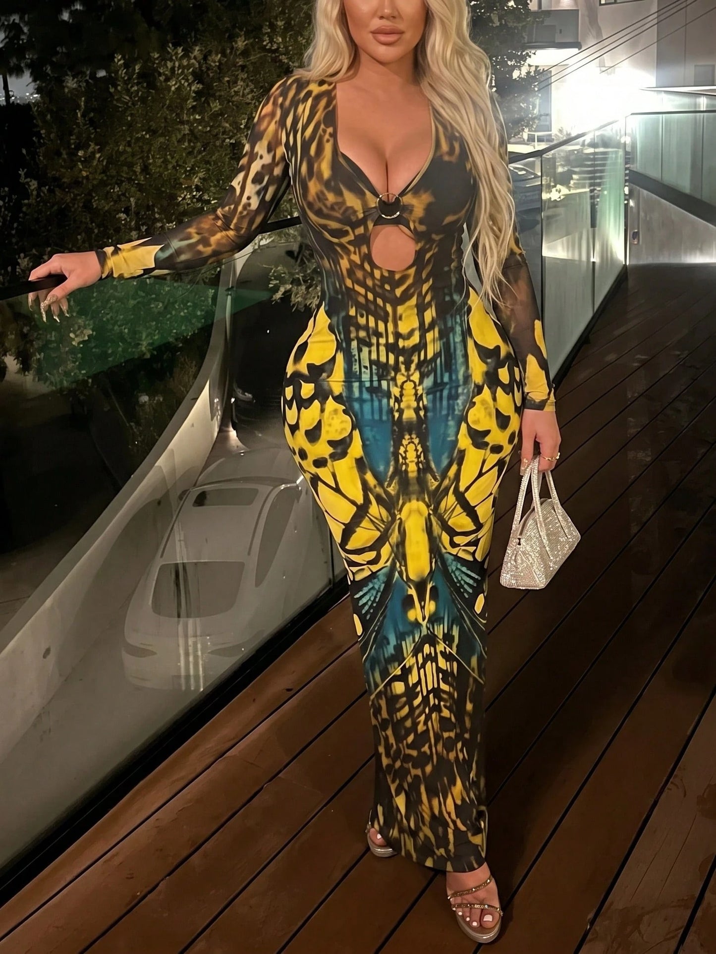 DOUCIU Sheer Mesh Long Sleeve V-Neck Maxi Dress, Sexy Party Nightclub Outfit