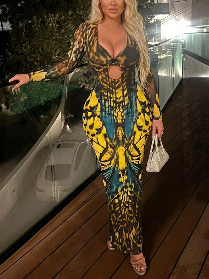 DOUCIU Sheer Mesh Long Sleeve V-Neck Maxi Dress, Sexy Party Nightclub Outfit