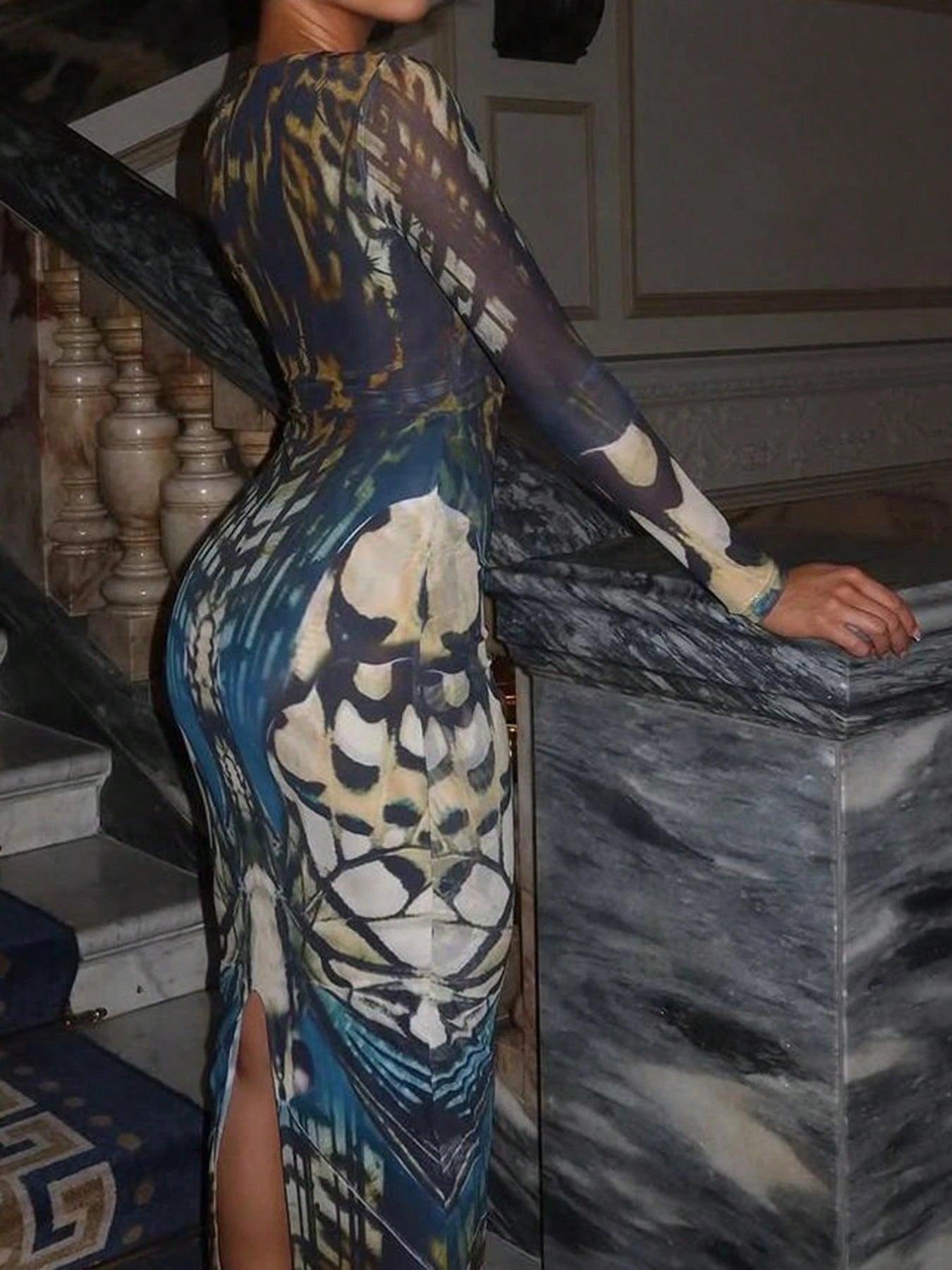 DOUCIU Sheer Mesh Long Sleeve V-Neck Maxi Dress, Sexy Party Nightclub Outfit