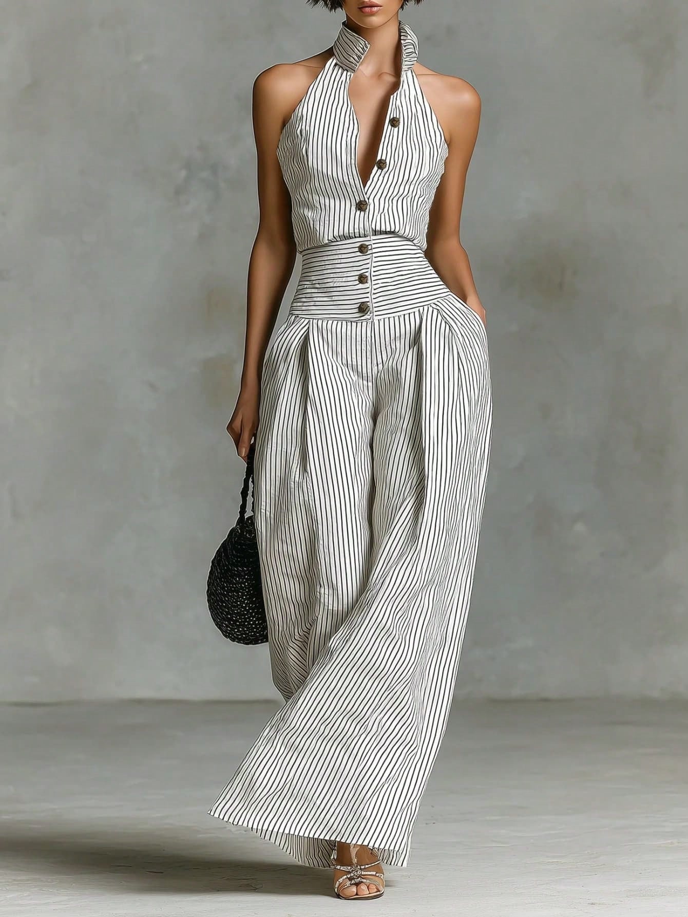 Dresses For WomenWomen's Casual Button-Down Sleeveless Shirt, High-Waisted Wide-Leg Slim Fit Professional Casual Printed Striped Jumpsuitdresses