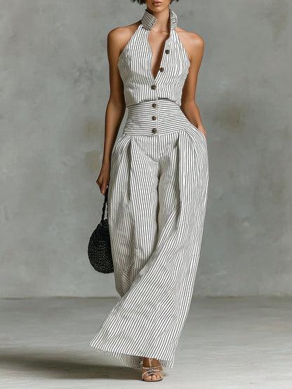 Dresses For WomenWomen's Casual Button-Down Sleeveless Shirt, High-Waisted Wide-Leg Slim Fit Professional Casual Printed Striped Jumpsuitdresses