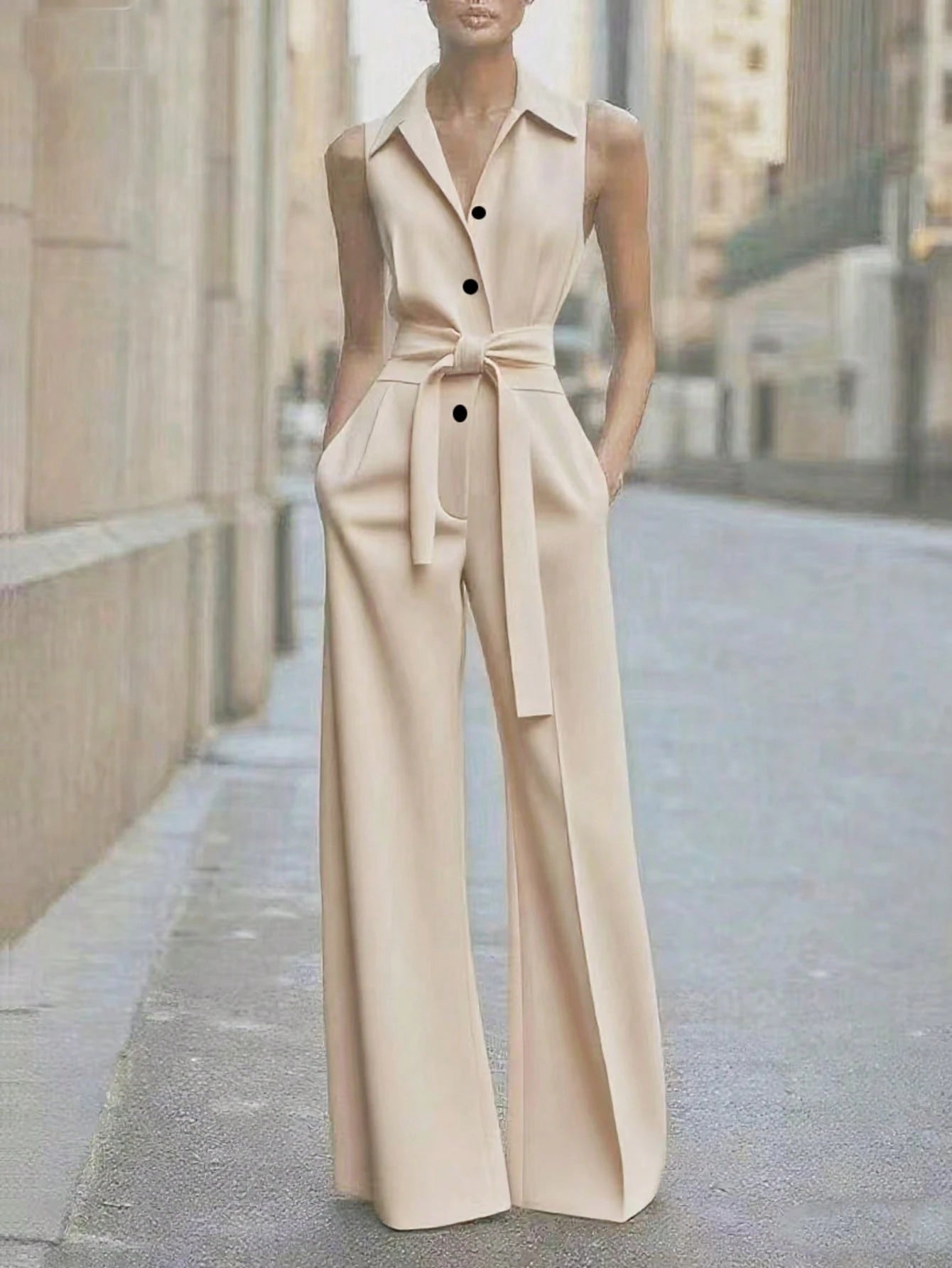 Dresses For WomenWomen's Casual Button-Down Sleeveless Shirt, High-Waisted Wide-Leg Slim Fit Professional Casual Printed Striped Jumpsuitdresses