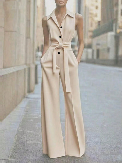 Dresses For WomenWomen's Casual Button-Down Sleeveless Shirt, High-Waisted Wide-Leg Slim Fit Professional Casual Printed Striped Jumpsuitdresses