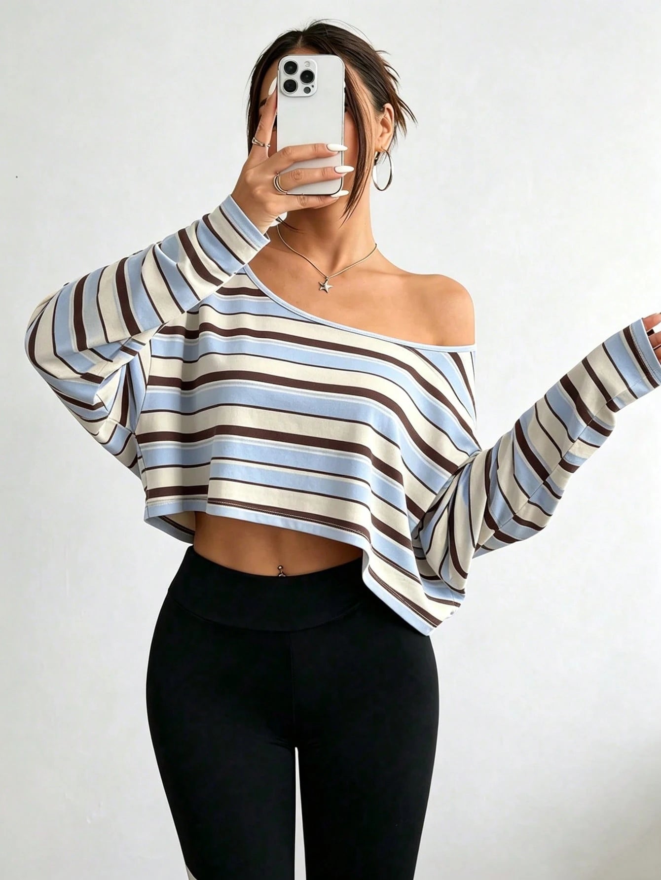 DrmWander Plus-Size Women's Striped Asymmetrical-Neck Long-Sleeve Cropped Casual T-Shirt Fall