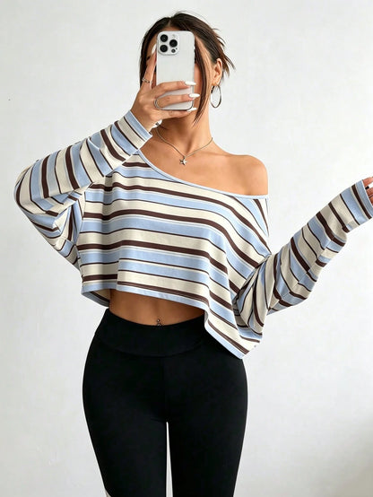 DrmWander Plus-Size Women's Striped Asymmetrical-Neck Long-Sleeve Cropped Casual T-Shirt Fall