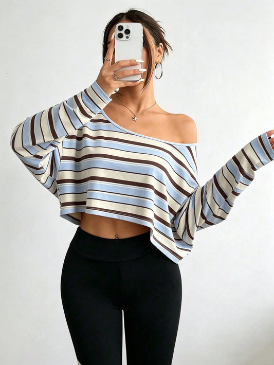 DrmWander Plus-Size Women's Striped Asymmetrical-Neck Long-Sleeve Cropped Casual T-Shirt Fall