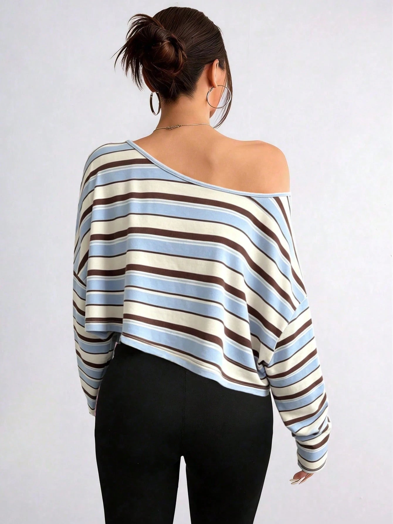 DrmWander Plus-Size Women's Striped Asymmetrical-Neck Long-Sleeve Cropped Casual T-Shirt Fall