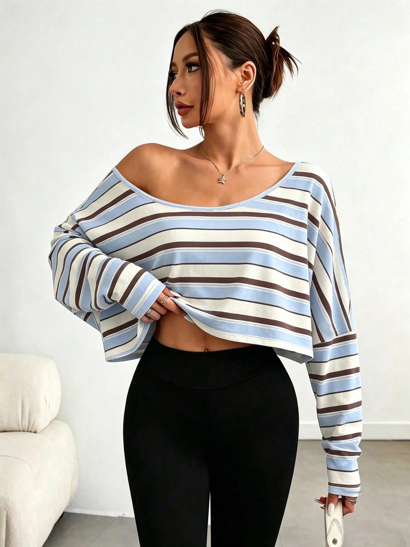 DrmWander Plus-Size Women's Striped Asymmetrical-Neck Long-Sleeve Cropped Casual T-Shirt Fall