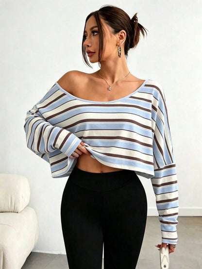 DrmWander Plus-Size Women's Striped Asymmetrical-Neck Long-Sleeve Cropped Casual T-Shirt Fall