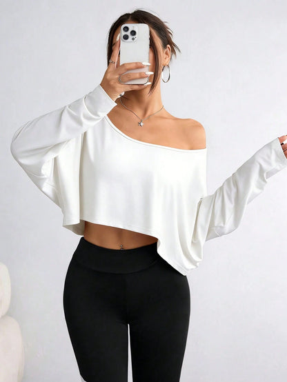 DrmWander Plus-Size Women's Striped Asymmetrical-Neck Long-Sleeve Cropped Casual T-Shirt Fall