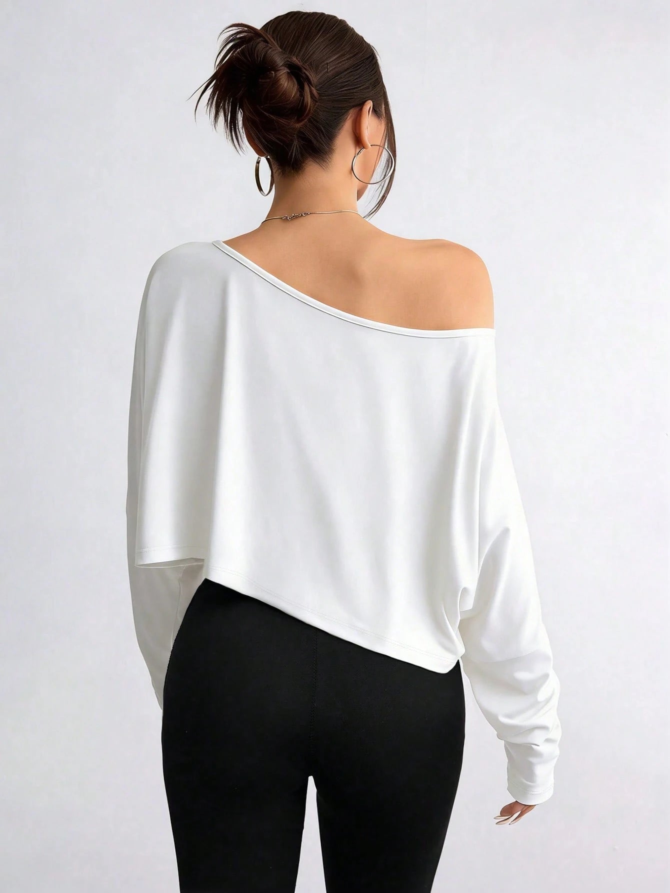 DrmWander Plus-Size Women's Striped Asymmetrical-Neck Long-Sleeve Cropped Casual T-Shirt Fall