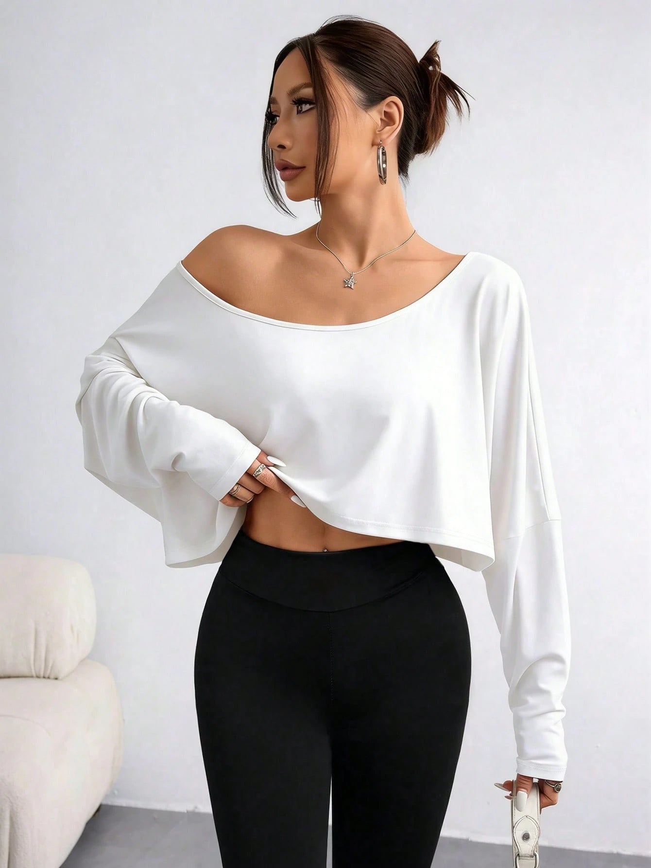 DrmWander Plus-Size Women's Striped Asymmetrical-Neck Long-Sleeve Cropped Casual T-Shirt Fall