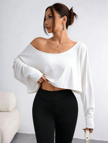 DrmWander Plus-Size Women's Striped Asymmetrical-Neck Long-Sleeve Cropped Casual T-Shirt Fall