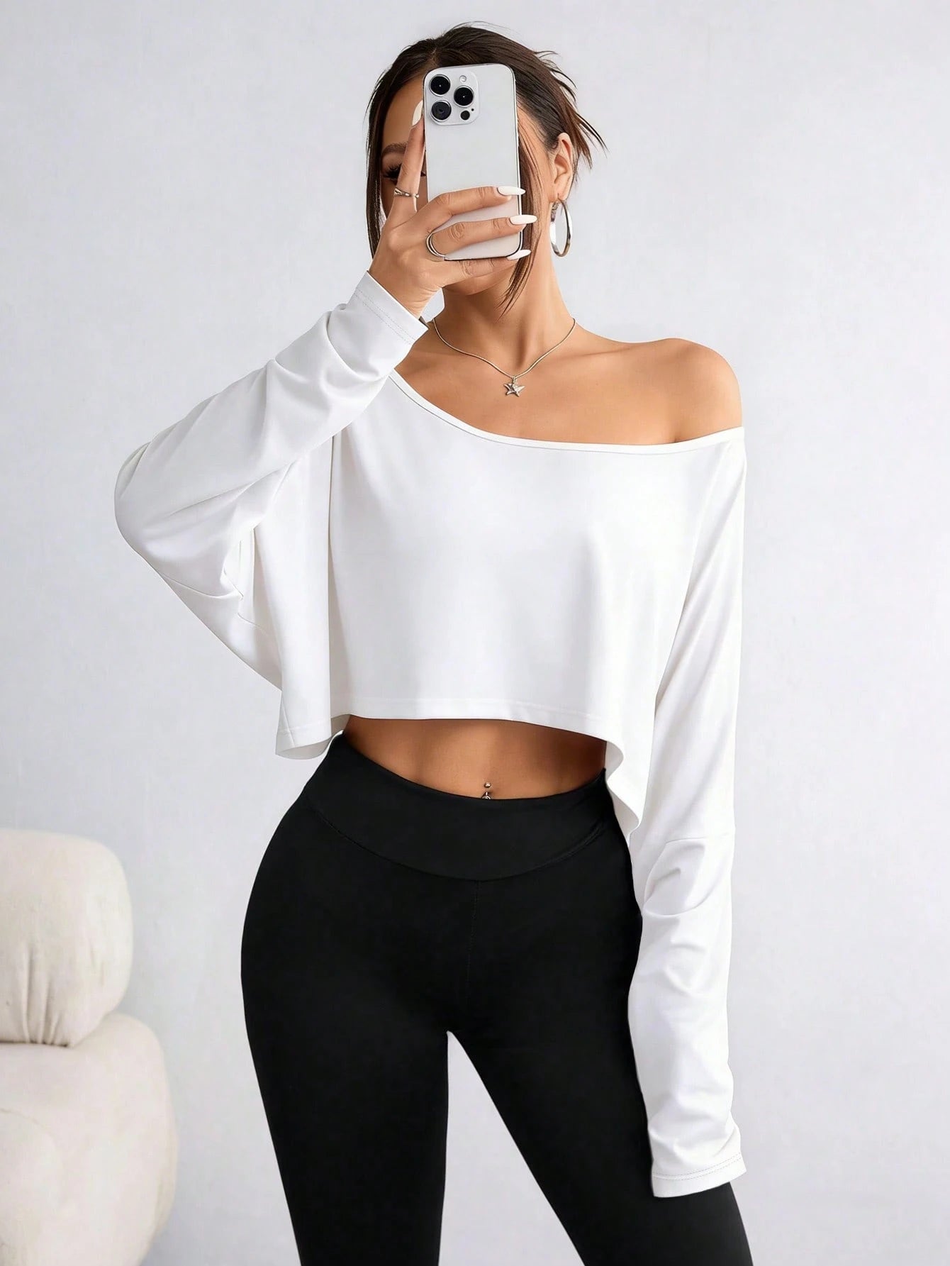 DrmWander Plus-Size Women's Striped Asymmetrical-Neck Long-Sleeve Cropped Casual T-Shirt Fall