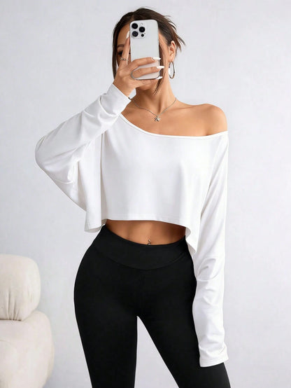 DrmWander Plus-Size Women's Striped Asymmetrical-Neck Long-Sleeve Cropped Casual T-Shirt Fall