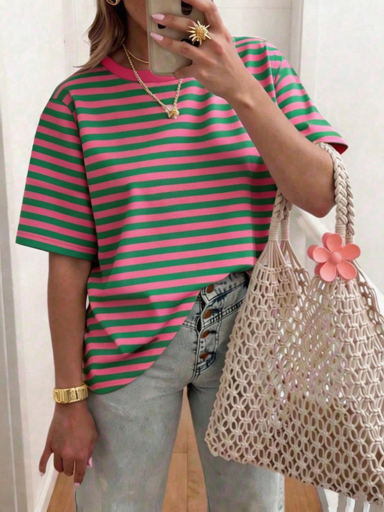 DrmWander Plus Size Women Striped Round Neck Short Sleeve Casual Loose T-Shirt