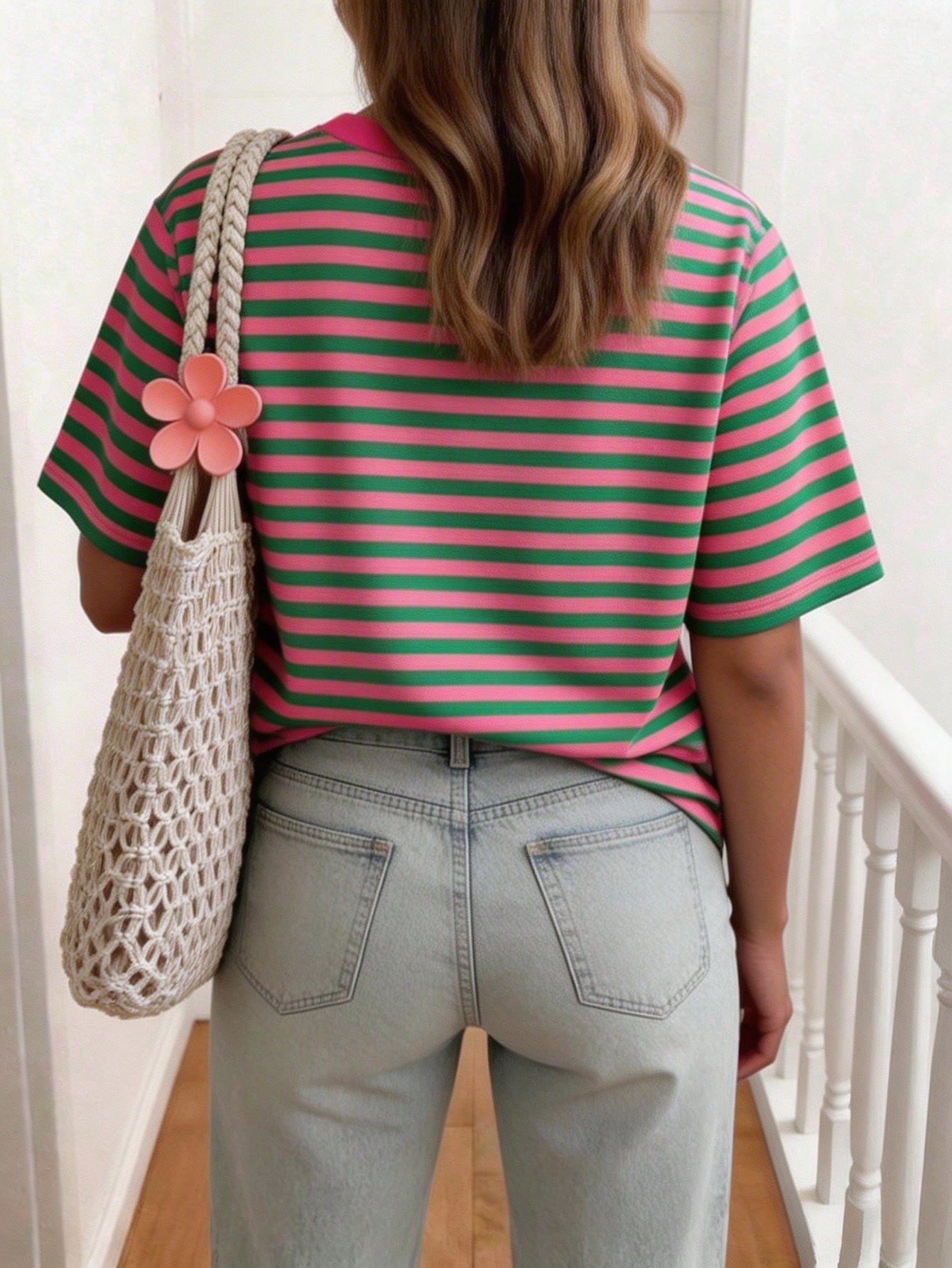 DrmWander Plus Size Women Striped Round Neck Short Sleeve Casual Loose T-Shirt