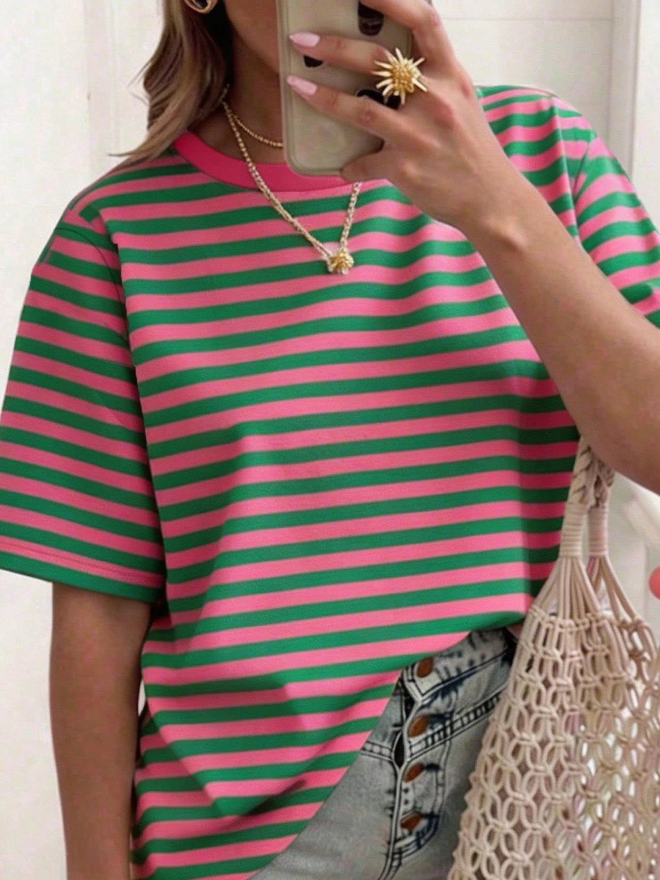 DrmWander Plus Size Women Striped Round Neck Short Sleeve Casual Loose T-Shirt