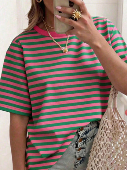 DrmWander Plus Size Women Striped Round Neck Short Sleeve Casual Loose T-Shirt