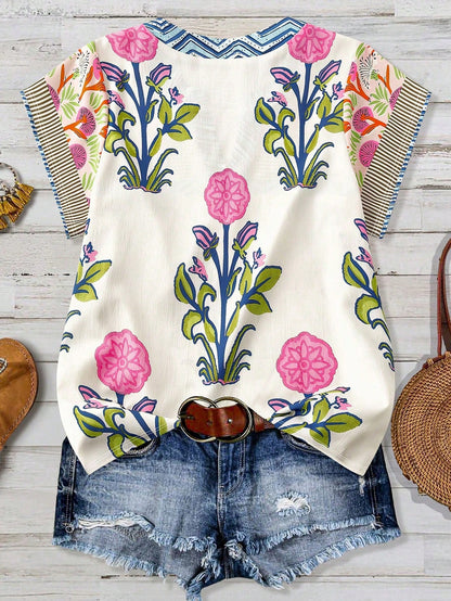 DrmWander Plus Size Women Striped Round Neck Short Sleeve Casual Loose T-Shirt